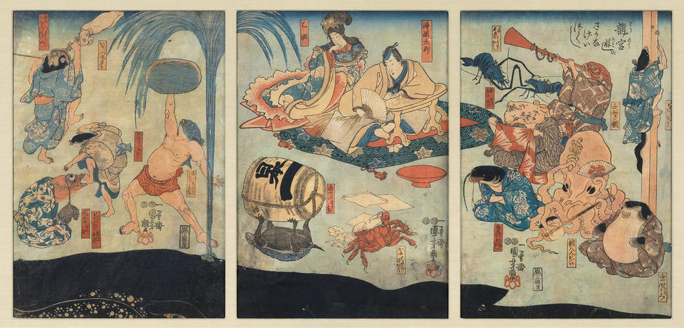 Sea creatures entertain Urashima Tarō and Oto Hime at the undersea Dragon Palace