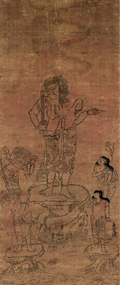 Fudō Myōō (不動明王) with Four Attendants, Outlined in Seed Syllables