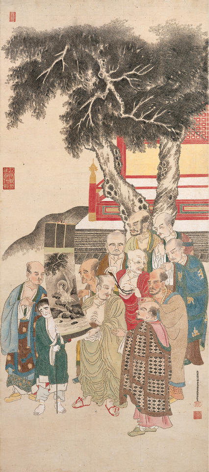 Ten Rakan (羅漢) Examining a Painting of White-Robed Kannon