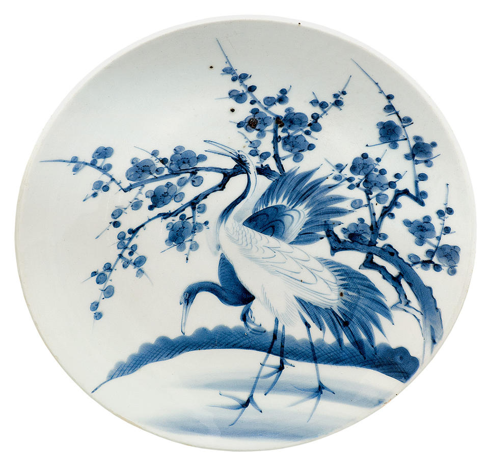Platter with plum tree and cranes